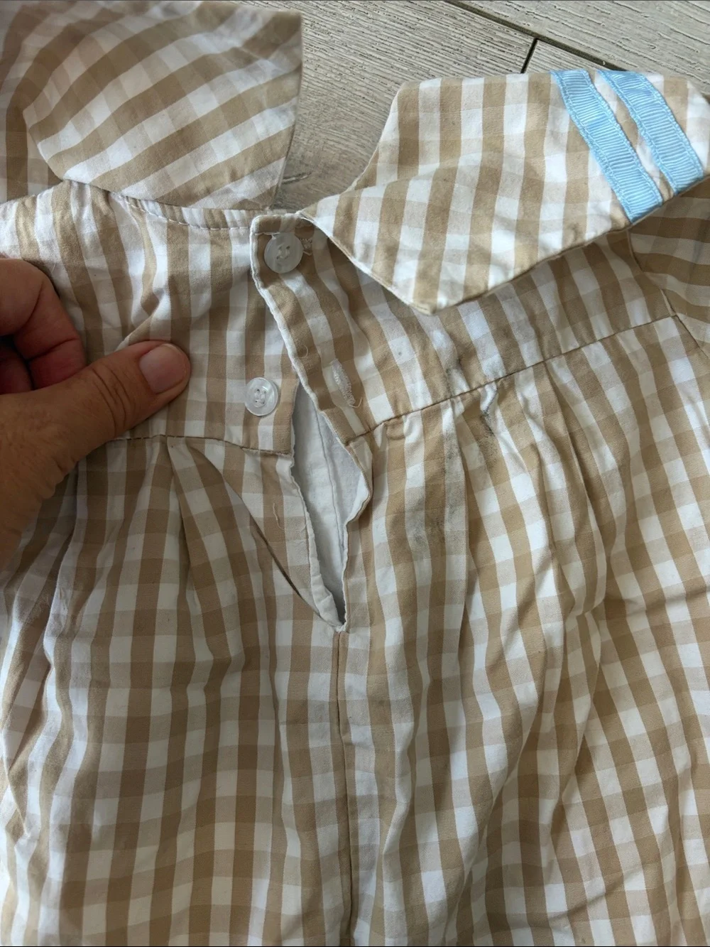 Cecil and Lou size 9 months bibbed gingham print tan blue ribbon romper long